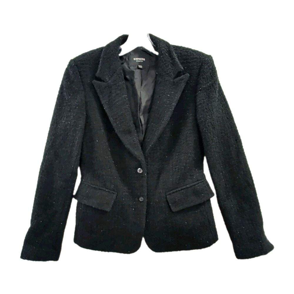 Express Vintage Y2K Blazer Womens 7/8 Black Shimmer Wool Blend Textured 2 Button